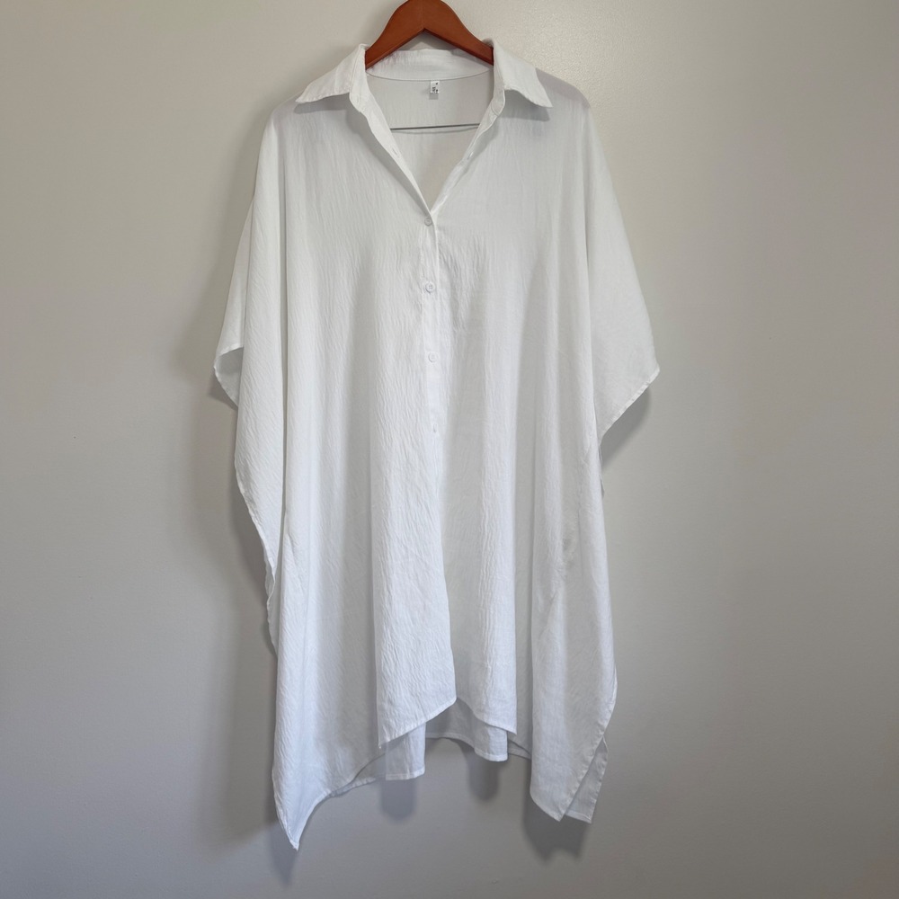 EKOUAER White Rayon Kaftan Button Up Shirt Dress Size XL Swim Cover Up